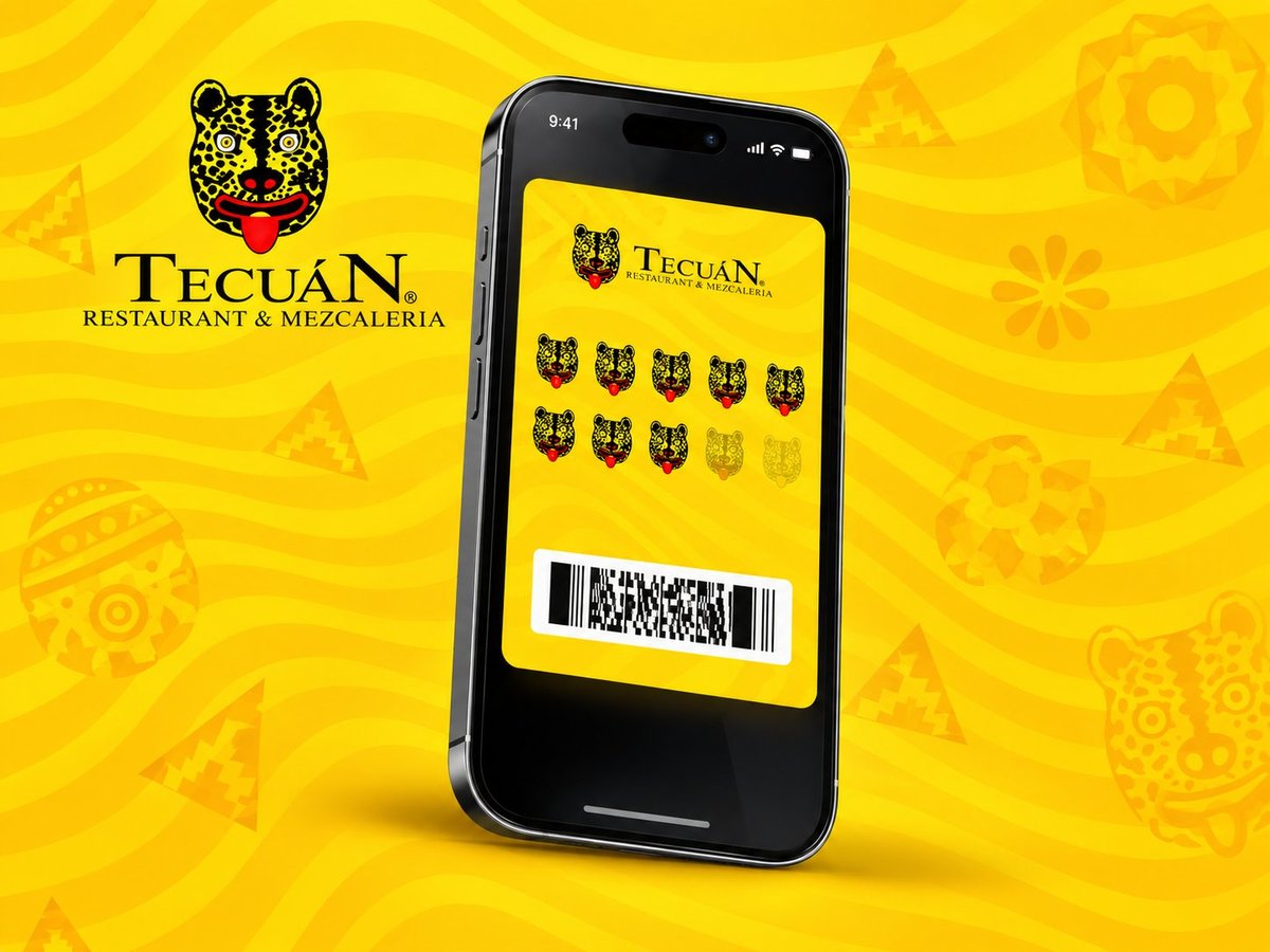 Smartphone displaying Tecuan restaurant loyalty app with jaguar logo and barcode on yellow background